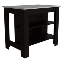 Kitchen Island, kitchen table 35" H, Four Legs, Three Open Storage Shelves, Black / Ibiza Marble Finish