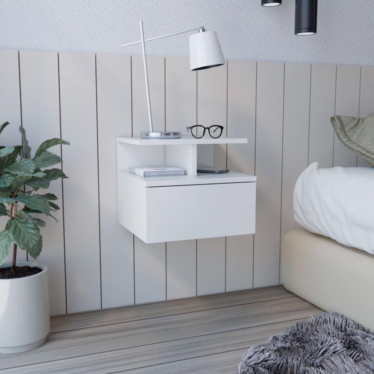 Cosmos Floating Nightstand , End Table, Side Table Drawer, Open Top Shelves -White