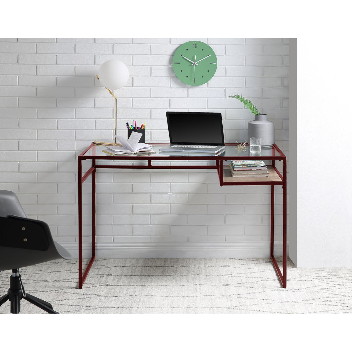 Star Glass Top & Red Finish Writing Desk