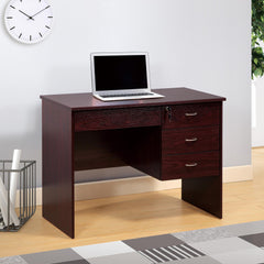 Quasar locking drawers on metal glides Student Desk Work Desk Modesty Panel Metal Bar Handles Mahogany color
