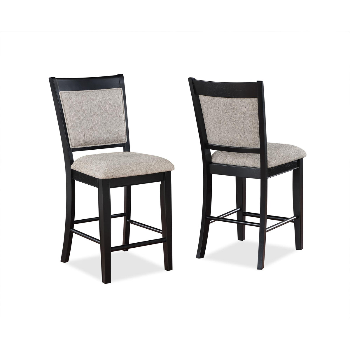 Farmhouse Style 2pc Black Light Gray Counter Height Chair Bar Stool Footrest Upholstered Back Seat Wooden Furniture