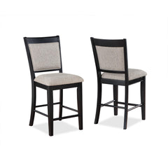 Farmhouse Style 2pc Black Light Gray Counter Height Chair Bar Stool Footrest Upholstered Back Seat Wooden Furniture