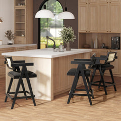 Record 25.5" Modern Resin Webbing Back Bar Stool with Arms, Set of 3, Ebony Black Boucle