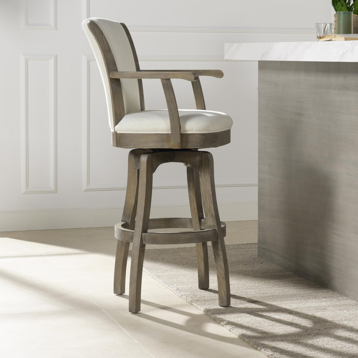 Apollo 31i" Swivel Bar Stool with Armrests, Natural White Linen