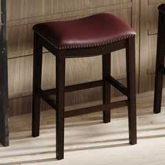 Story H Bar-Height Wood Barstool with Red Faux-Leather Seat, 1PC