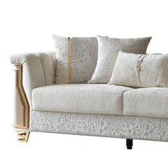 Epimetheus Two-Tone Wood Upholstery Sofa with Modern Flawless Design, Stainless Steel Gold Accents, and Cream Finish