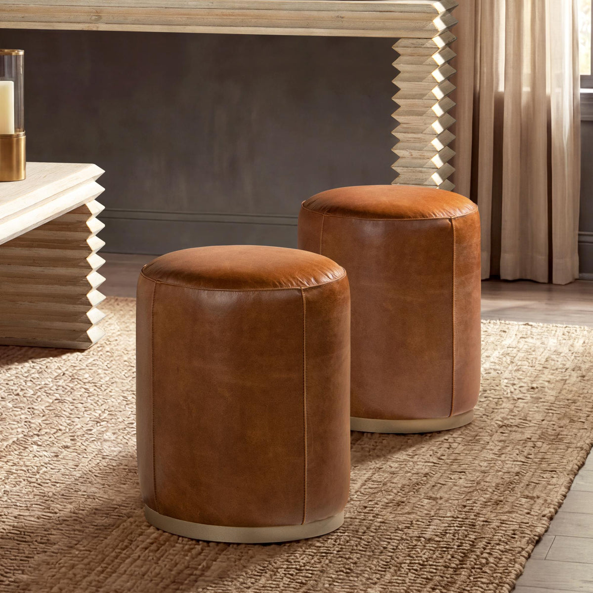 Menelaus 16" Round Leather Ottoman Stool, Camel Brown Leather