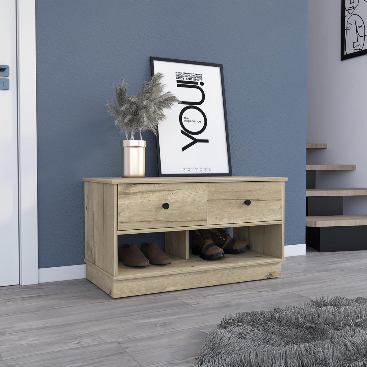 Light Oak Rectangle 2-Shelf 2-Drawer Storage Bench