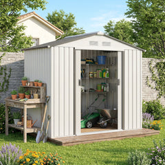 7' x 4' Outdoor Storage Shed, Garden Tool House w/ Foundation Kit Vents & Sliding Doors for Backyard Patio, White