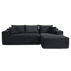 2-Piece Convertible Corduroy L-Shaped Sofa in a Box with Pillows, 3-Seater Modular Sectional Couch, Compressed Living Room Furniture, Black (Right Facing)