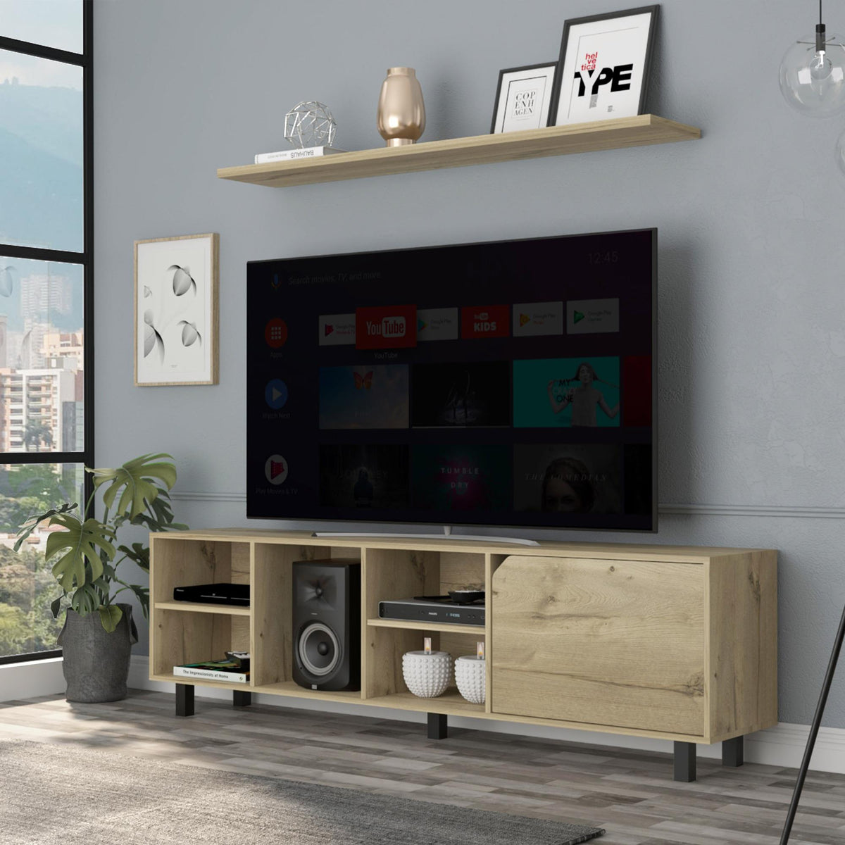 Lyric Tv Stand for TV´s up 70", Four Open Shelves, Five Legs -Light Oak