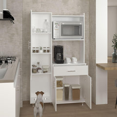 Theseus Kitchen Pantry and Microwave Cabinet with 3 Side Storage Shelves, Built-In Pet Station, One Drawer, One Small Cabinet and, One Open Shelf