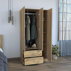 Crown 3 Door Armoire with Drawers, Shelves, and Hanging Rod -Light Oak / Black