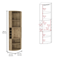 Aura Corner Bar Cabinet with Five Shelves , Eight Bottle Cubbies and Steamware Macadamia