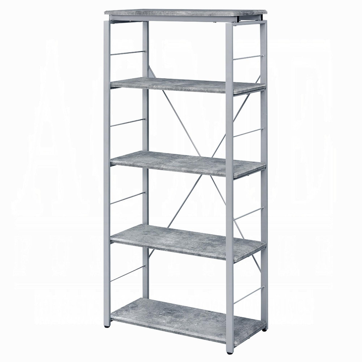 Metal Shelving Unit Bookshelf 1pc Home Office Furniture Wooden Storage Rack Shelves, Faux Concrete & Silver Finish