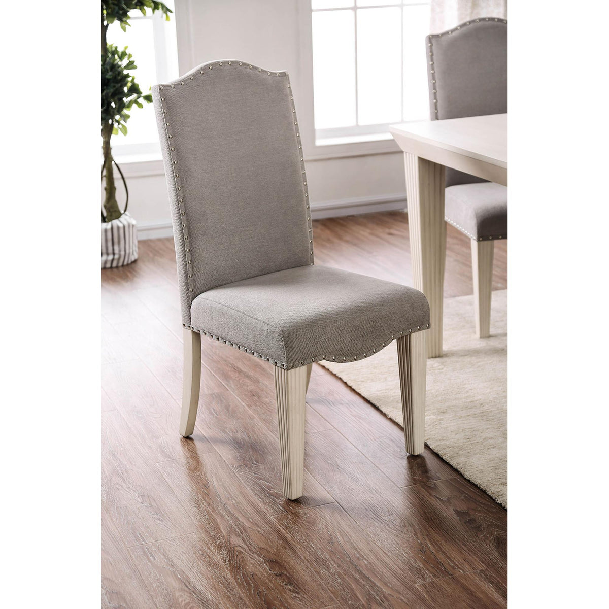Transitional Style Antique White Frame Set of 2pc Side Chairs Gray Fabric Parson Chair Camel Back Design