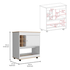 Helen Bar Cart, Lower Panel, Six Bottle Cubbies, One Cabinet -Light Oak / White