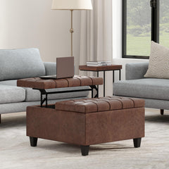 Aeneas 30 inch Wide Small Square Coffee Table Storage Ottoman in Distressed Saddle Brown Vegan Leather