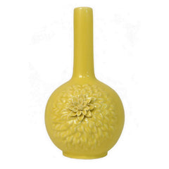 Rhea Flower Vase, Narrow Neck, Yellow Ceramic w Floral Motifs, 16 Inch