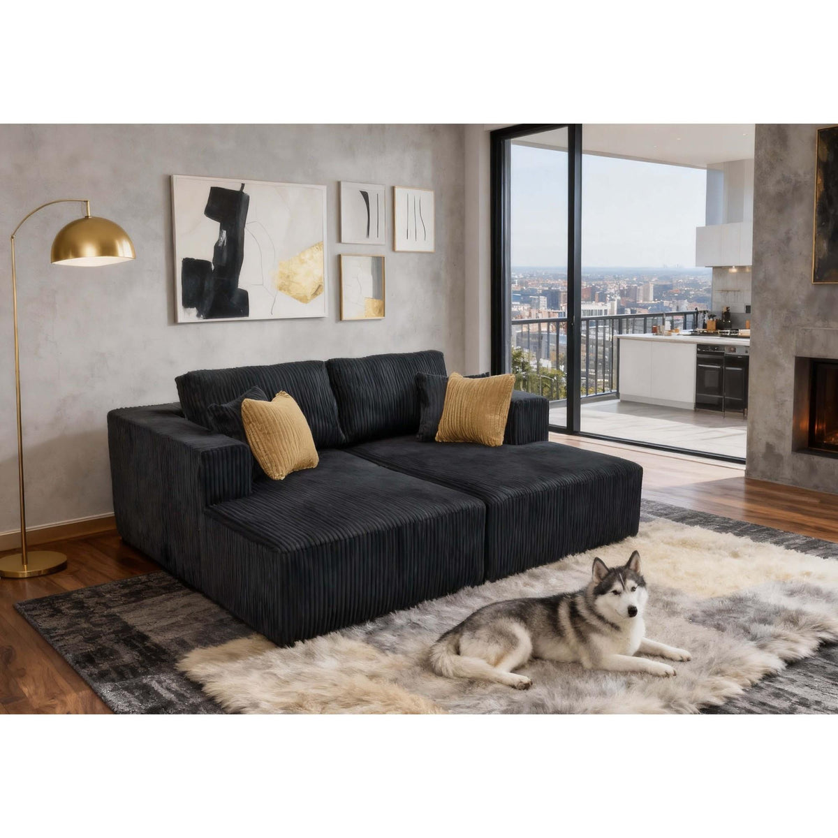 Full Compressed Corduroy Upholstered Double Chaises Loveseat - No Assembly Needed