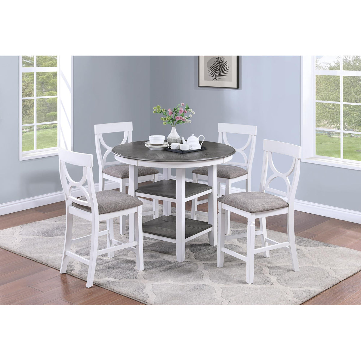 Mercury Height Dining Table w Storage Shelve 4x Chairs Padded Seat Unique Design Back 5pc Dining Set White Color