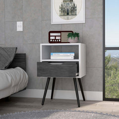 Nightstand 25"H, Superior Top, Four Legs, One Open Shelf, One Drawer, Smokey Oak / White