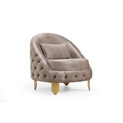 Clytemnestra Modern Style Button Tufted Chair Made Of Wood and Gold Coated Metal Legs in Taupe Color