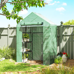 56" x 29" x 77" Walk-in Greenhouse, Garden Hot House with 3 Tier Shleves, Roll-Up Door and PE Cover, Green