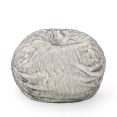 Uranus 5 Foot Rounded Short Faux Fur Bean Bag, White and Gray