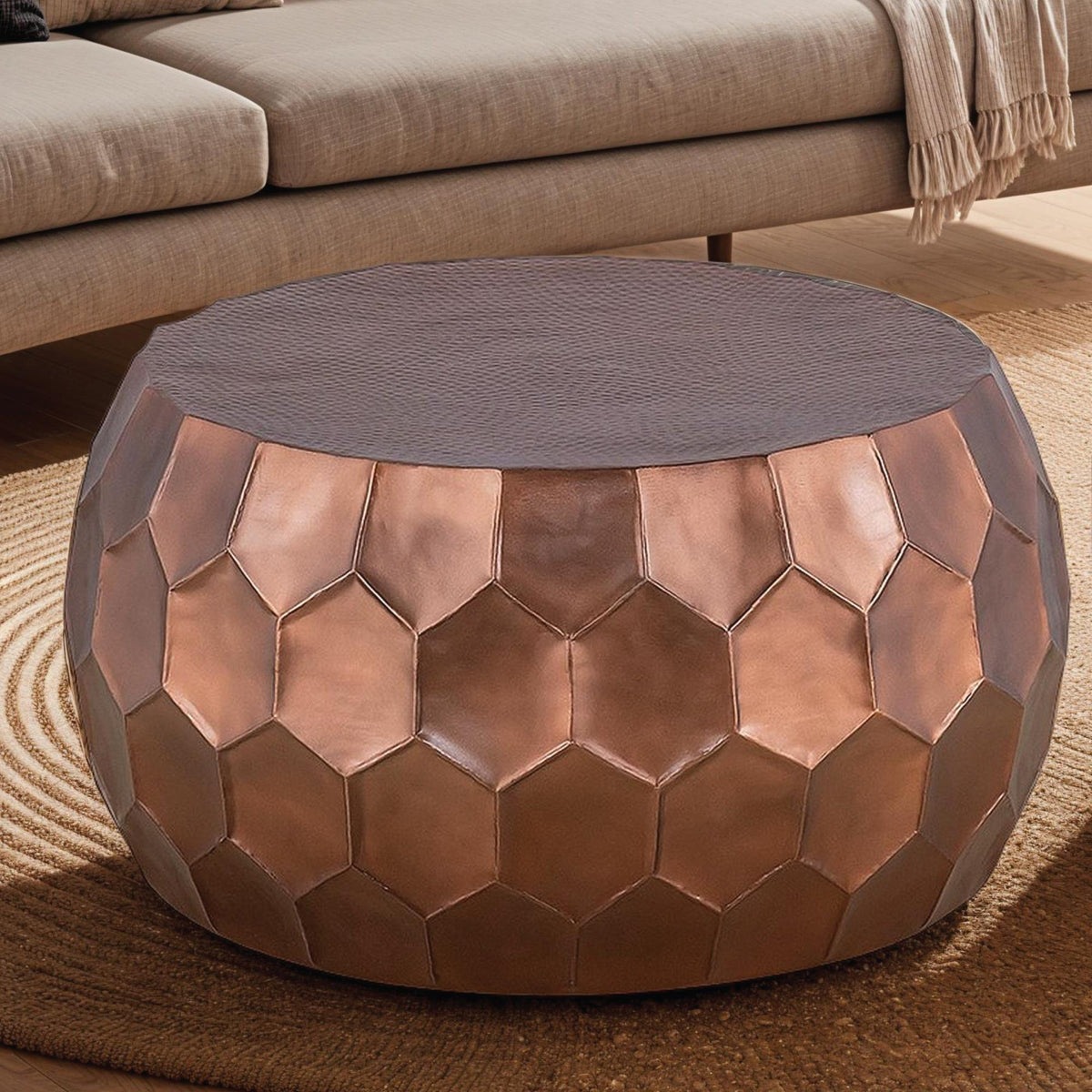 PULSAR Modern Contemporary Round Aluminum material 32" Coffee Table, Farmhouse Table with Glossy Diamond-Patterned Base Copper