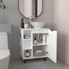 Cosmos Vessel Sink Vanity With One Door Storage And Open Shelves, Freestanding Bathroom Cabinet, White