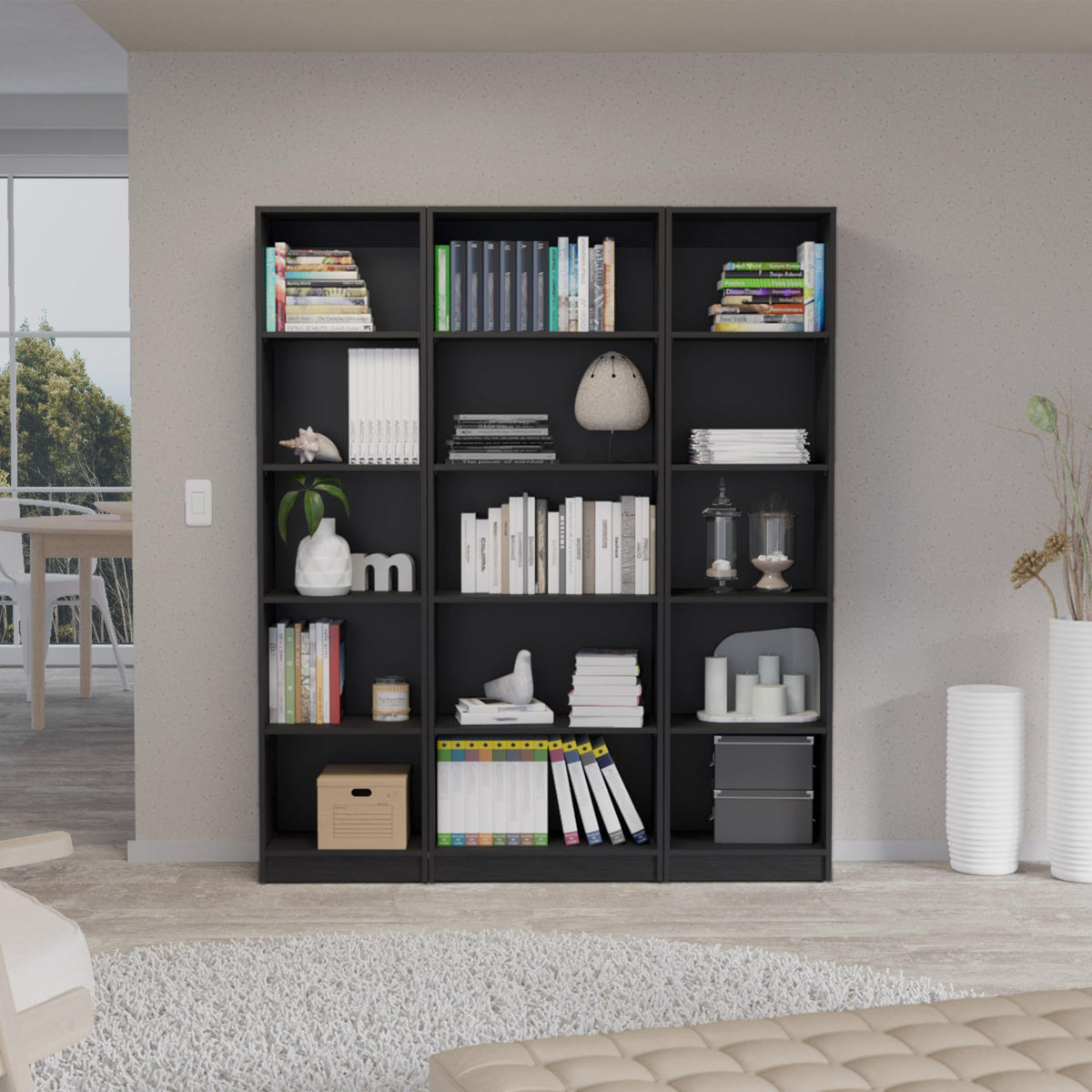 Crown 3 Piece Home Bookcase set, 60" Wide with 15 Shelves , Living Room Set Set Black