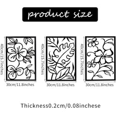 Melody 3 Piece Set Wall Decor, Floral Hollow Out Abstract Design, Black Rectangular Metal Frame