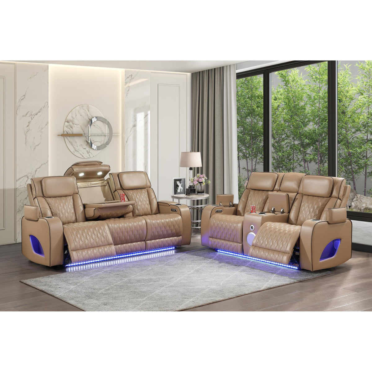 Hephaestus Modern 2pc Power Reclining Massager Sofa and Loveseat Set in Caramel Faux Leather