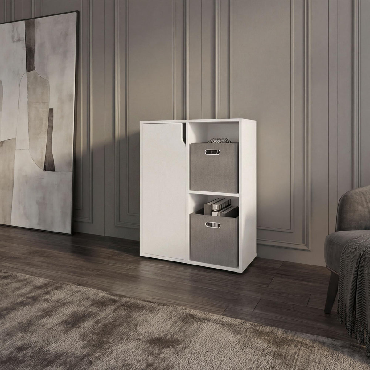 Astyanax 30" H Bookcase and Storage Cabinet with One Door and 2 Open Display Shelves, Compact Storage Cabinet