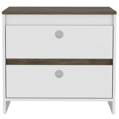 Story Nightstand , Superior Top, One Open Shelf, One Drawer, Four Legs -Smokey Oak / White