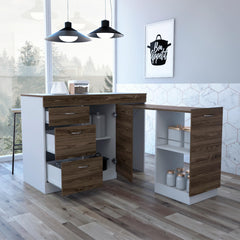 Display Kitchen Base Cabinet,Three Drawers, Two Internal Shelves -White / Dark Walnut