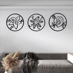Melody 3 Piece Set Wall Decor, Floral Hollow Out Abstract Design, Black Round Metal Frame