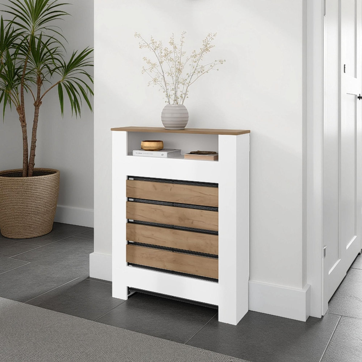 Camelot Cover Cabinet, 1 Shelf, White / Walnut