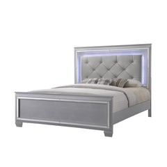 1pc Modern Queen LED Faux Leather Upholstery Panel Bed Beveled Mirror Accents Textured Footboard Silver Beige Finish