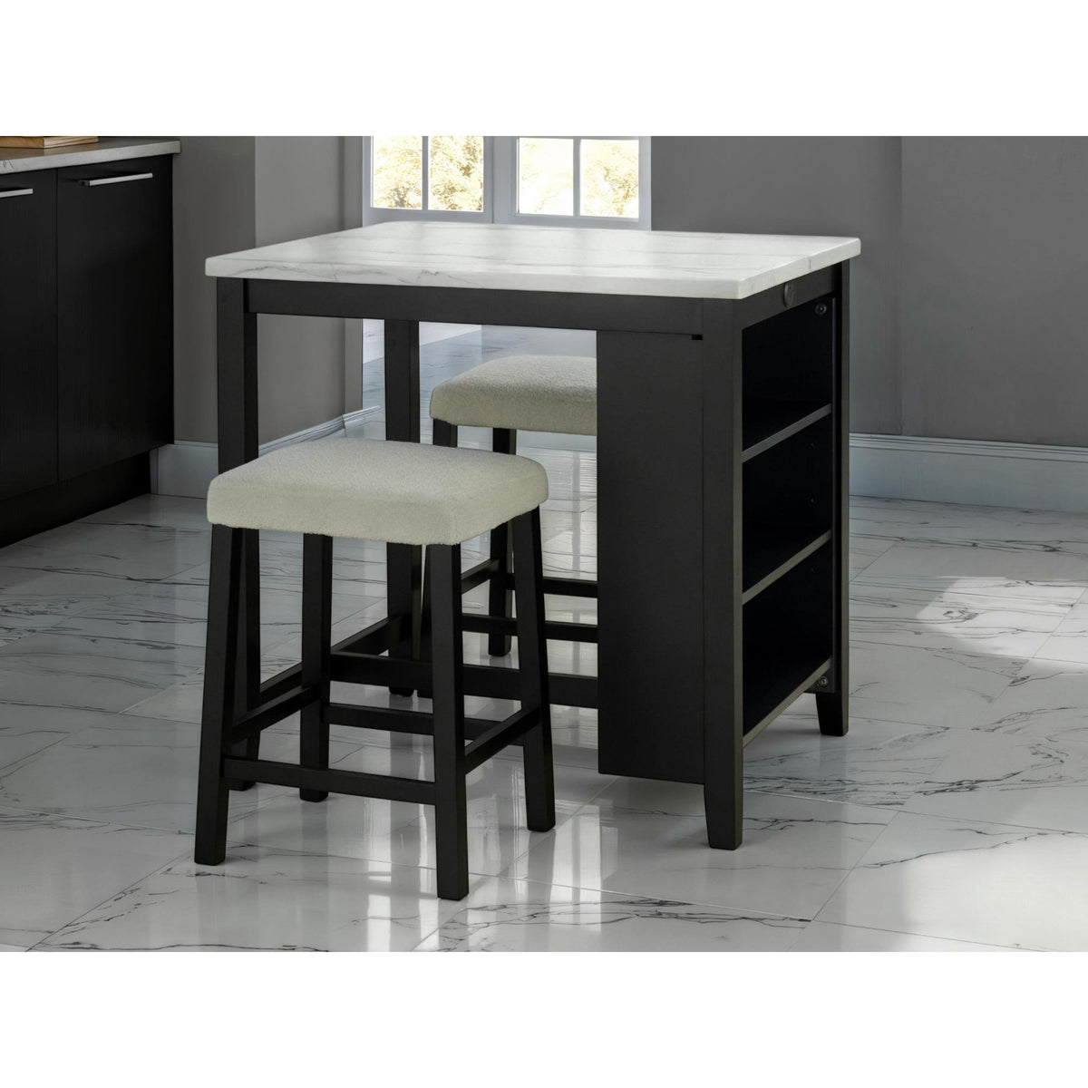 Dining Room Transitional 3pc Dining Set Gloss Table Top w Storage Shelves Side 2x Stools Black Ivory White