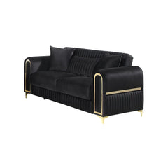 Paradise Modern Upholstered Loveseat in Black with Solid Birch Wood Frame, Pocket Coil Seating and Gold Stainless Steel Legs