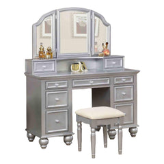 Transitional Style  1pc Vanity w/ Stool Set Knob Handles Storage Drawers 3-Sidded Mirror Silver Finish Bedroom Furniture