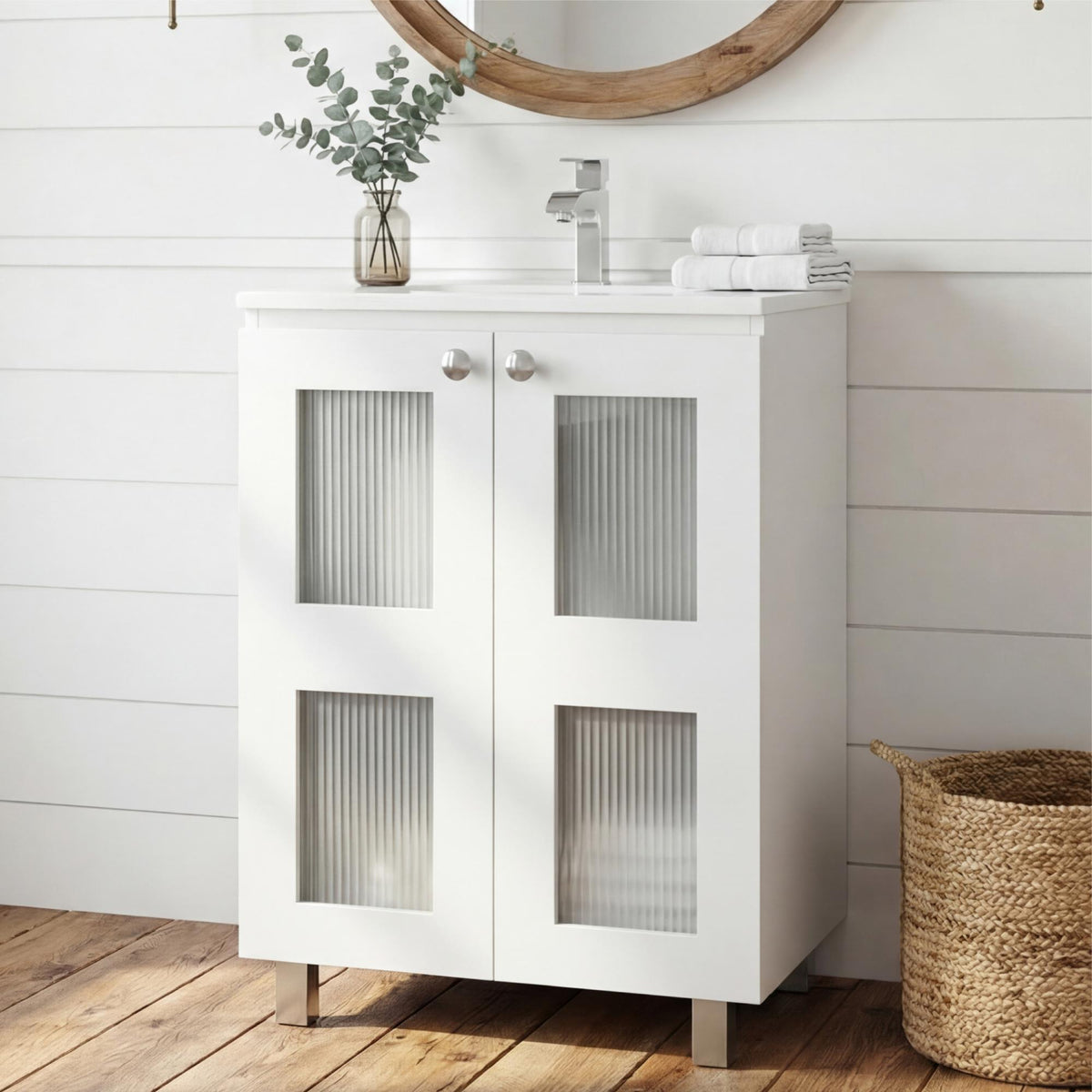 Neptune Bathroom Vanity Cabinet with 2 frosted glass Doors, Resin Sink and 2 Interior Shelves Cabinet, Compact Vintage and Modern Bathroom Vanity