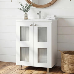 Neptune Bathroom Vanity Cabinet with 2 frosted glass Doors, Resin Sink and 2 Interior Shelves Cabinet, Compact Vintage and Modern Bathroom Vanity