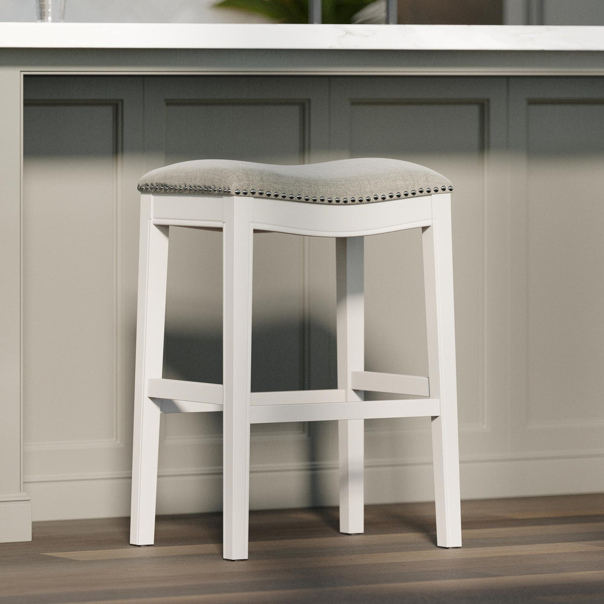 Story Bar-Height Backless Wood Narrow Saddle-Seat Barstool with Nailhead Trim, Farmhouse Whitewash with Gray Upholstered Seat, 1PC