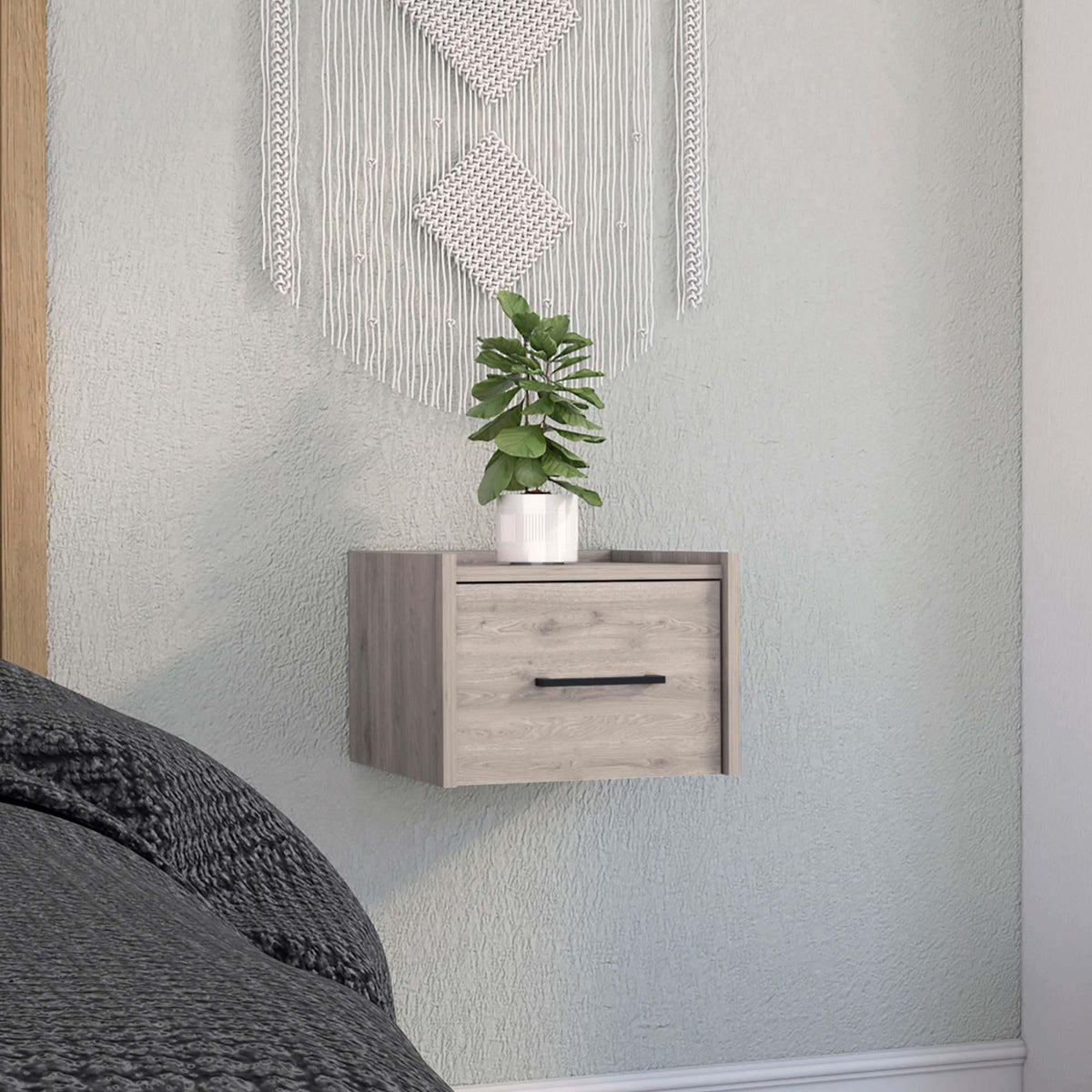 Orion Floating Nightstand , End Table, Side Table Wall-Mounted Single Drawer Design with Handle- Light Grey - Bedroom