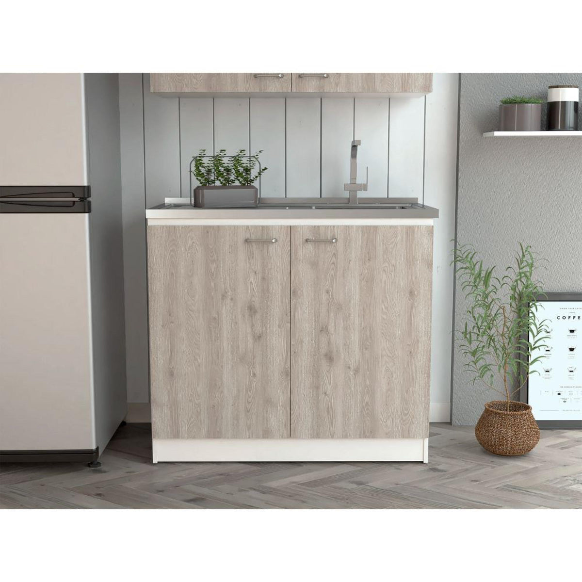 Pandora Sink, Double Door Cabinet, Two Shelves, White / Light Gray
