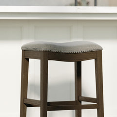 Story Saddle Distressed Espresso Wood Bar-Height Barstool with Smoke Gray Fabric, 1PC