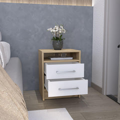Nightstand 20"H, Two Drawers, Superior Top, Metal Handles, White / Light Oak